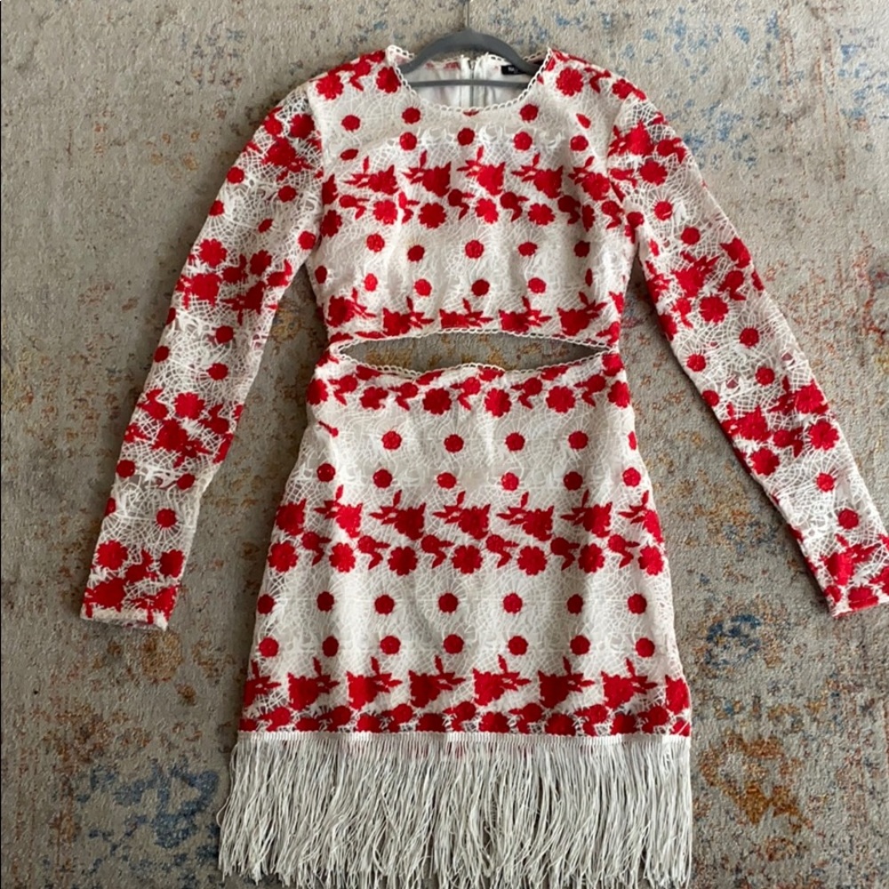 Nasty Gal White - Red Lace detail Fringe Dress